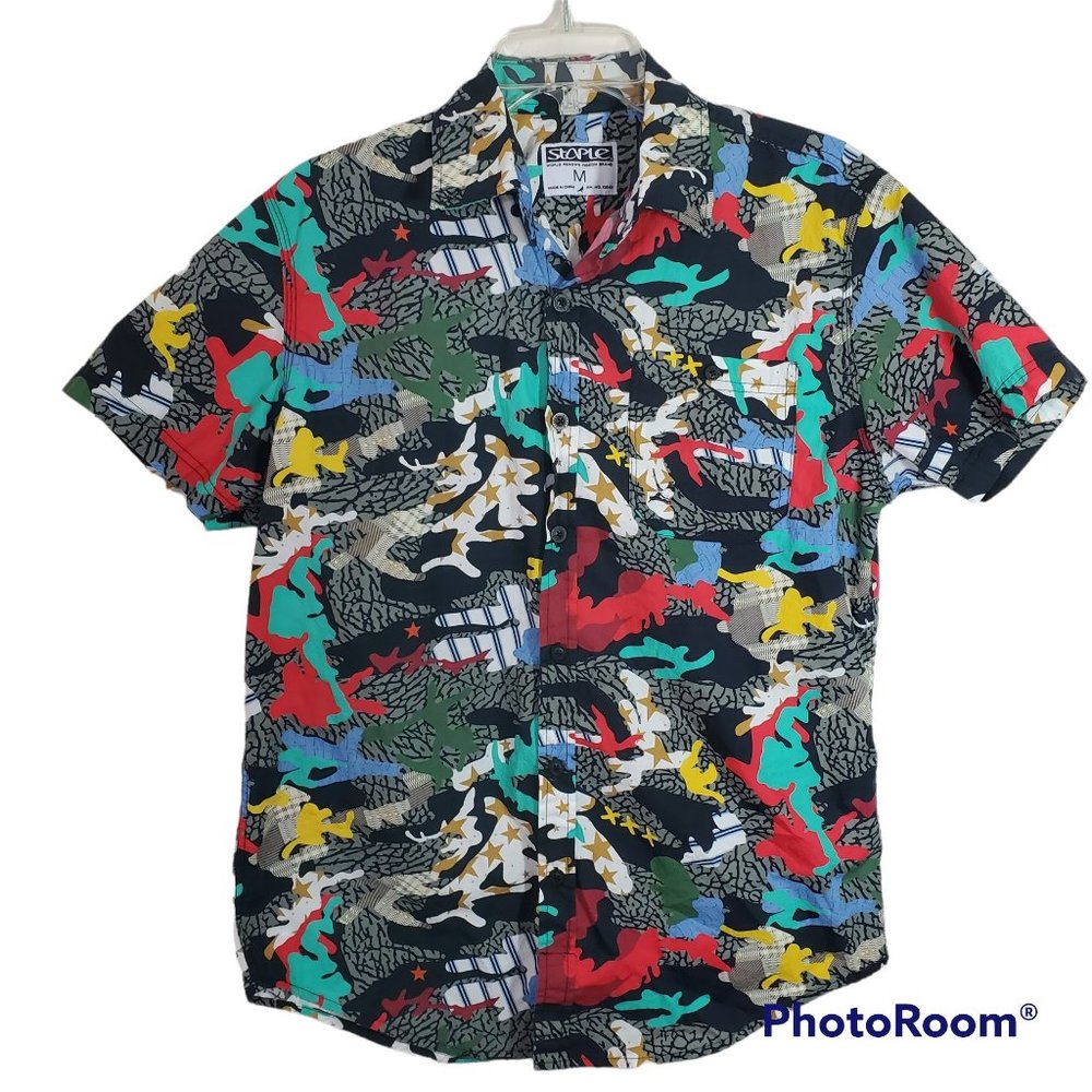 Staple Men's Short Sleeve Button Front Abstract Retro Print Shirt Medium